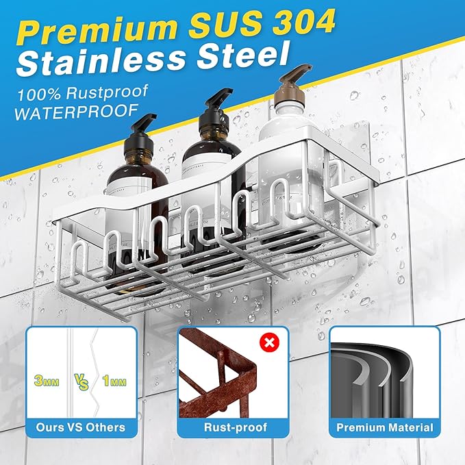 EUDELE 5-Pack Rustproof Stainless Steel Shower Caddy Set– No Drill Adhesive Bathroom Organizer, Space-Saving Shower Shelves for Apartment Essentials, Bathroom/Kitchen Storage Home Decor-L Size - Image 5