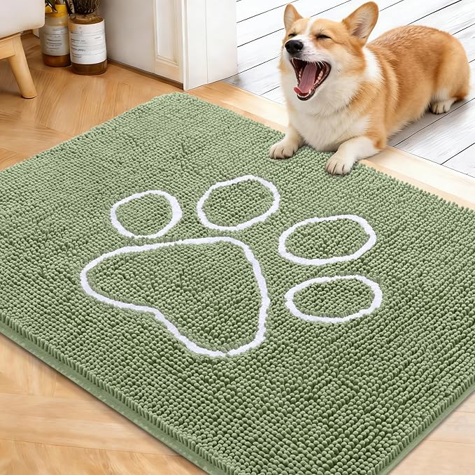 OLANLY Dog Door Mat for Muddy Paws 40x32, Paw Print Design, Absorbs Moisture and Dirt, Non-Slip Washable Doormat, Quick Dry Chenille Mud Mat for Dogs, Entry Indoor Entryway Carpet, Sage Green by OLANLY