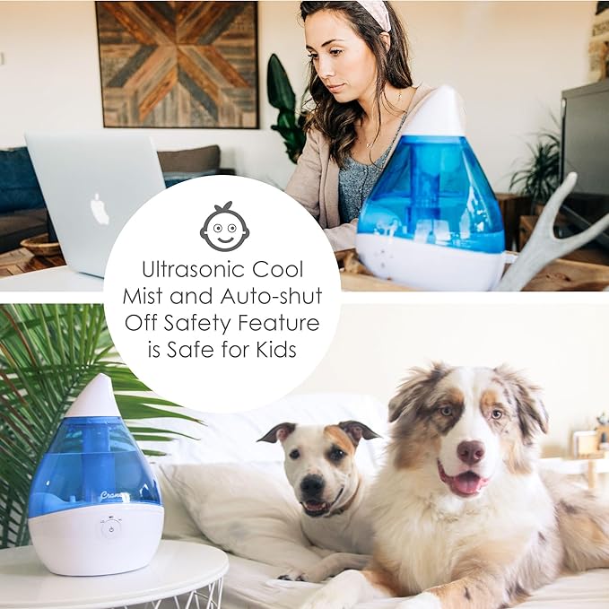 Crane Droplet Ultrasonic Teardrop Cool Mist Air Humidifier, 0.5 Gallon for Bedroom and Office, Blue and White, Nursery Humidifier - Image 4
