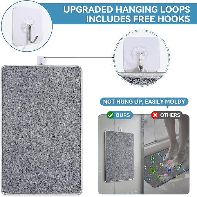 Non Slip Shower Mat Bathtub Mat 20x32 Inch, Quick Dry Bath Mat with Drain, Soft PVC Imitation Loofah Foot Scrubber Bath Mats for Bathroom Tub Shower Floor, Hangable & Hook Included, Gray - Image 7