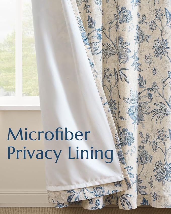 jinchan Lined Linen Floral Curtains for Living Room, 96 Inch Length Printed Flower Farmhouse Patterned French Country Back Tab Blue Window Drapes Set Privacy Bedroom Curtains, 2 Panels - Image 4