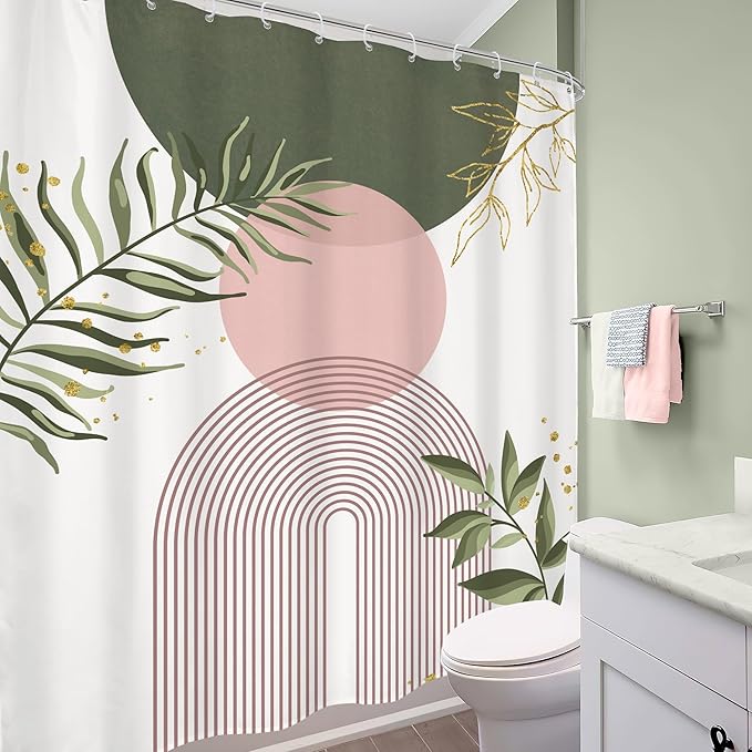 Pink Green Boho Shower Curtain 72Wx84H Extra Long Bohemian Mid Century Modern Abstract Sage Green Gold Leaves Plant Minimalist Bathroom Decor Arch Bath Curtain Fabric Polyester 12 Pack Hooks - Image 4