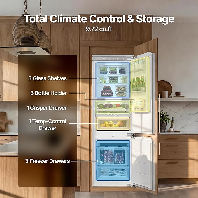 Ca'Lefort 22" Panel Ready Refrigerator with Bottom Freezer, 3-zone Temperature Control, Built-in Panel-Ready Fridge Perfect for Modern Kitchens, 9.72 cu.ft (Panel Not Included) - Image 5