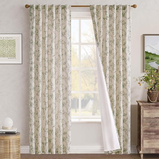 jinchan Floral Curtains Lined Linen Blend Curtain for Living Room 84 Inch Length Sage Green Farmhouse Flower Patterned Curtain French Country Curtains Drapes Back Tab Rod Pocket 2 Panels - Image 7