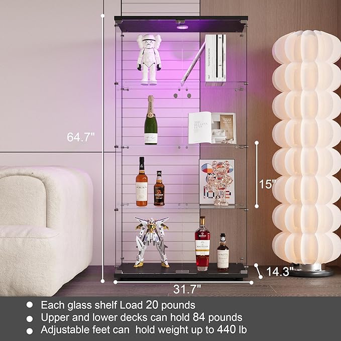 Yoluckea 4 Shelves Glass Display Cabinet with LED Light and 2 Doors,Floor Standing Clear Glass Curio Collection Display Cabinet for Living Room Bedroom 64.7” x 31.7” x 14.3” Black - Image 2