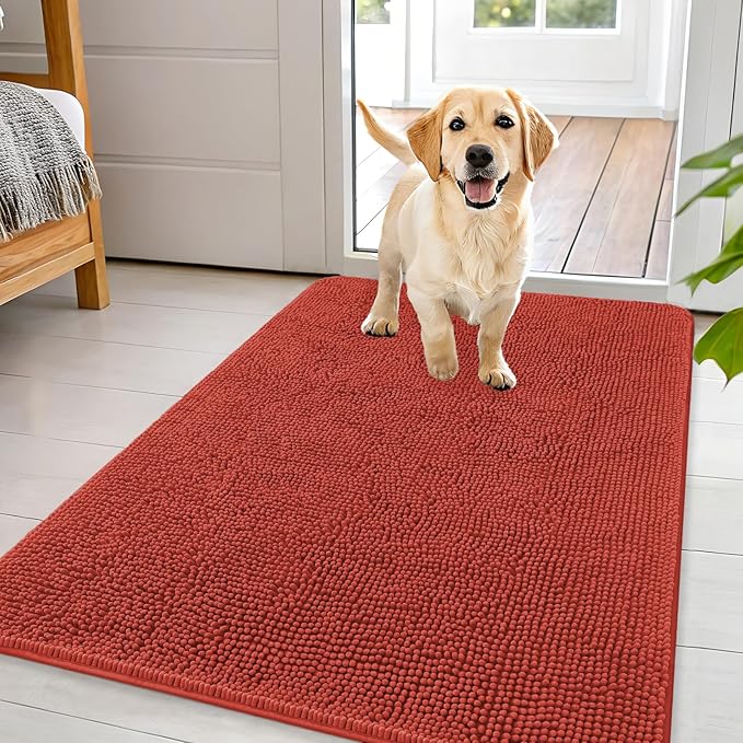 OLANLY Dog Door Mat for Muddy Paws 44x32, Absorbs Moisture and Dirt, Absorbent Non-Slip Washable Doormat, Quick Dry Chenille Mud Mat for Dogs, Entry Indoor Entryway Carpet for Inside Floor, Maple Red by OLANLY