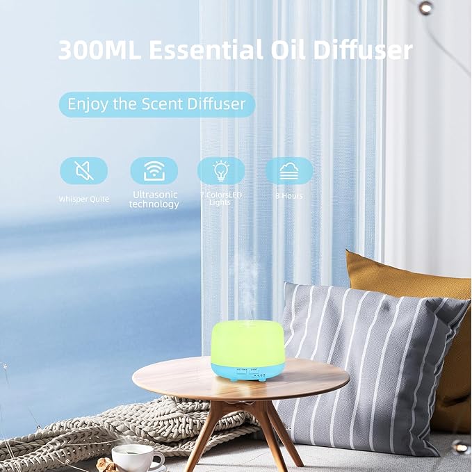 300ML Air Diffuser for Essential Oils, Ultrasonic Aromatherapy Diffuser, Remote Control Aroma Diffuser Humidfer, 7Color Changing LED Light,Auto-Off, Timer for Home, Bedroom, Office, Kids. - Image 2
