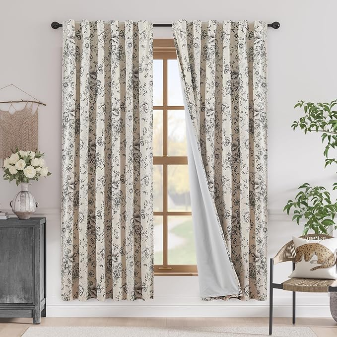 jinchan Blackout Linen Blend Curtain Floral Blackout Curtains for Living Room 72 Inch Length Black Printed with Lined Blackout Curtain for Bedroom Farmhouse Curtains Set 2 Panels by JINCHAN