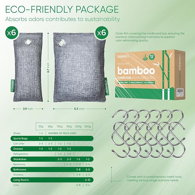 Activated Charcoal Odor Absorber,Large 12 Pack w Hooks Nature Odor Eliminator for Strong Odor, Bamboo Charcoal Air Purifying Bags,Moisture Absorbers for Fresh Home Car Closet Pet,Smoke Room Deodorizer - Image 2