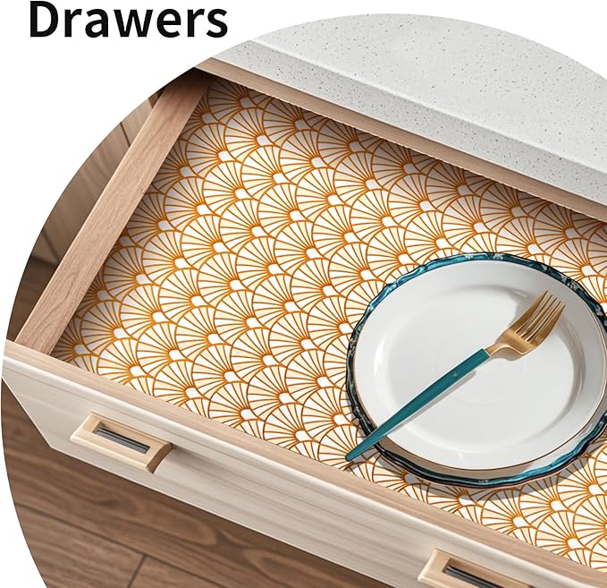 Drawer and Shelf Liner for Kitchen Cabinet: 17 in X 20 Ft Waterproof Shelf Paper Non Adhesive Refrigerator Liners Golden Ginkgo Leaf Easy Liners for Bathroom with Knife Tape Measure - Image 8