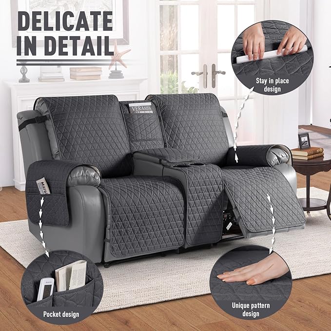 TAOCOCO 100% Waterproof Loveseat Recliner Couch Sofa Covers with Console,Double Reclining Couch Cover Non-Slip Sofa Slipcovers Washable,Furniture Protector Covers for Kids,Pets(2 Seater,Black Gray) - Image 6