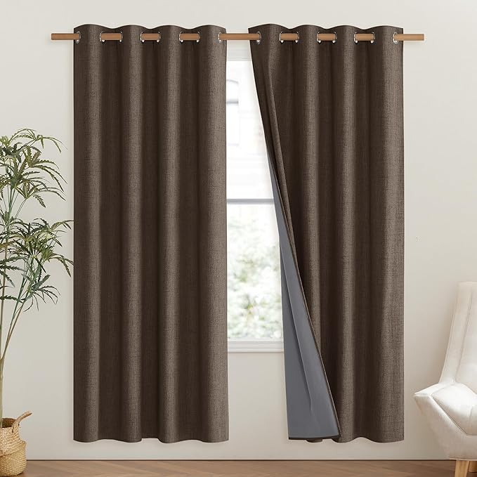 NICETOWN Coffee Vintage Linen 100% Blackout Curtains for Living Room, Thermal Insulated Curtains 72" Long, Noise Reducing Window Treatment Drapes for Hall Room, 52" Wide Per Panel, Set of 2 - Image 2