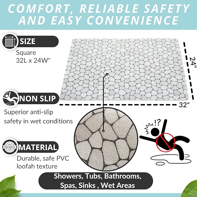 Enkosi Loofah Non-Slip Shower Mat - Shower Floors, Bathtub, Bathrooms, Wet Areas - Cushioned Bath Mat with Drain Holes - Quick Dry PVC, Secure Safety Pad Without Suction Cups (32x24 Pebble) - Image 3