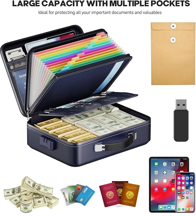 Fireproof Document Box, Hard Case Highly Flame-Resistant Fire Proof Waterproof File Organizer with Lock, Portable Fire Safe for Important Documents & Valuables Storage (Blue, ‎14"*11"*5") - Image 3