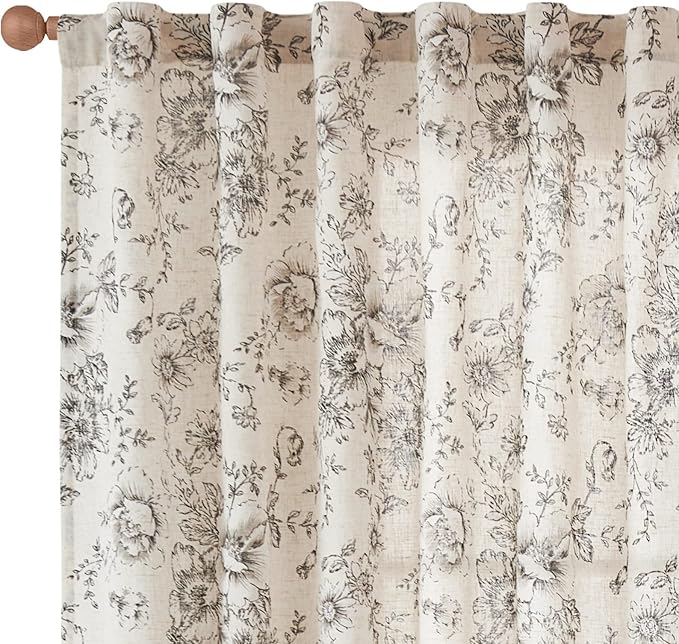 jinchan Linen Blend Curtain Floral Curtains for Living Room 63 Inch Length Black Printed Curtain Rod Pocket Back Tab Farmhouse Peony Flower Patterned Drapes Bedroom Window Curtains Set 2 Panels - Image 8