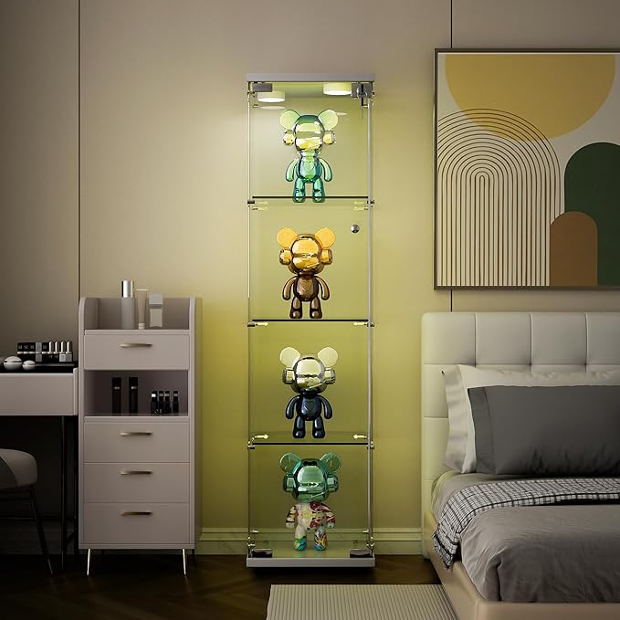 Yoluckea 4 Shelves Glass Display Cabinet with LED Light and Door, Curio Collection Glass Display Case for Home Office, Floor Standing Bookshelf Corner Cabinet (White) by Yoluckea