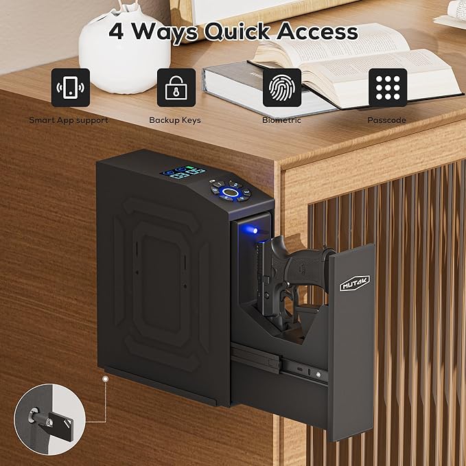 Biometric Gun Safe for Handgun with LCD Screen for Nightstand, Desk, Bed Side,Truck - Auto Sliding Door Hand Gun Safe for Pistol with APP/Fingerprint/PIN Code/KEY - Image 2