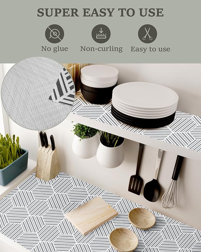 Shelf Liner Drawer Liner for Kitchen Cabinet Non-Adhesive Cabinet Liners Thickened Slip Resistant Waterproof Shelf Paper Protect Cupboard Dresser Shelves, Gray Hexagonal Geometric Stripe 11.8In x 10FT - Image 3