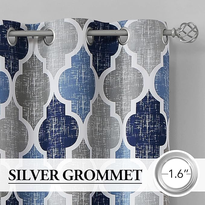 Beauoop 100% Blackout Curtains 72 Inches Long 2 Panels for Bedroom Living Room Blue Grey Moroccan Geo Room Darkening Thermal Insulated Soundproof Grommet Top Window Treatments Drapes, 50x72 Set of 2 - Image 2