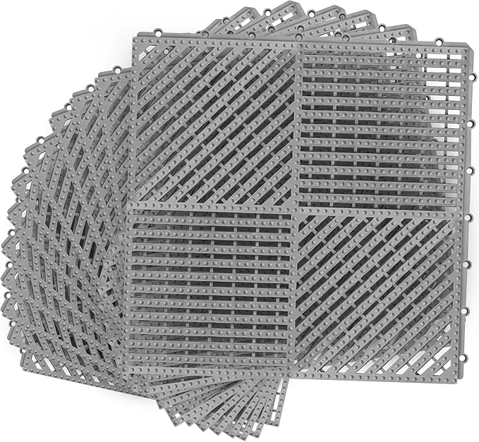 MYFAMIREA Modular Interlocking Cushion 12 Pack 11.8" x 11.8" Rubber Floor Tiles Non-Slip Splicing Drainage Mats for Deck, Pool, Shower, Patio, Balcony, Bathroom, Kitchen, Yard (1 Rows Dots, Gray) by MYFAMIREA
