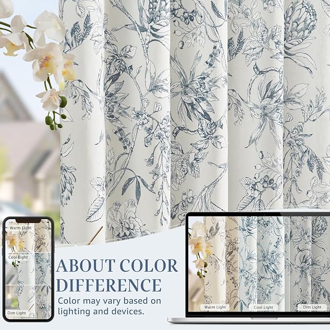 jinchan Floral Curtains 108 Inch Length Blue Flower Linen Farmhouse Curtain for Living Room French Country Vintage Curtain Rod Pocket Curtains Set 2 Panels Blue Floral Printed - Image 6