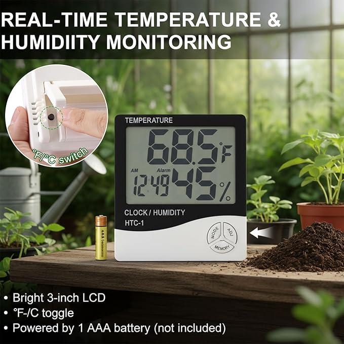 Greenhouse Heater with Thermostat & Hygrometer, 1500W/750W/24W Plant Heater Fan, Adjustable Temperature 40°F-108°F Patio Heaters for Outdoor Use Tents Winter Grow Garage Indoor(Black,2 Pack) - Image 8