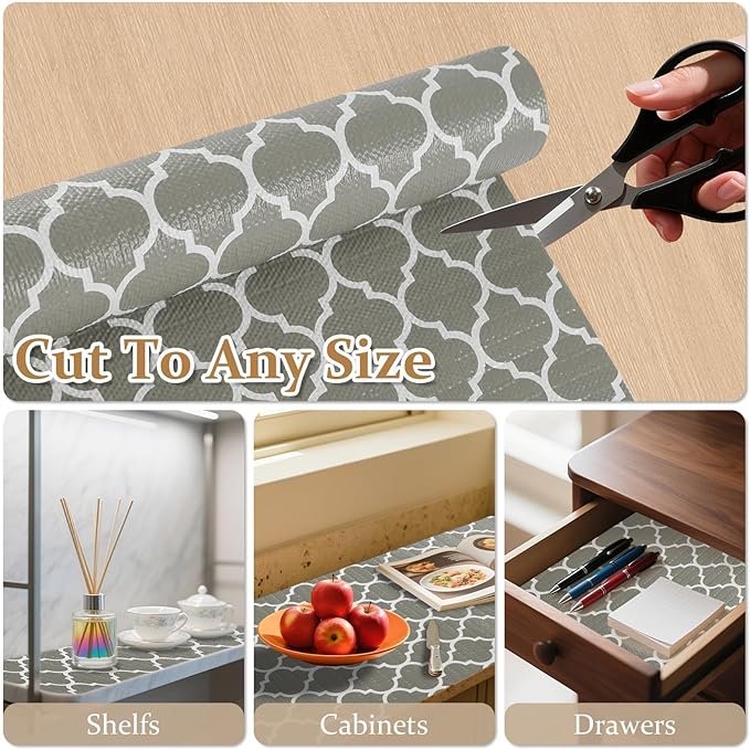 FINNEZ Drawer and Shelf Liner for Kitchen Cabinet Non Adhesive Non Slip 12in x 30FT, Heavy Duty Gripper Cabinet Liners, Waterproof No Residue Easy Cut with Measuring Tape & Cutter Tool (White Grey) - Image 7