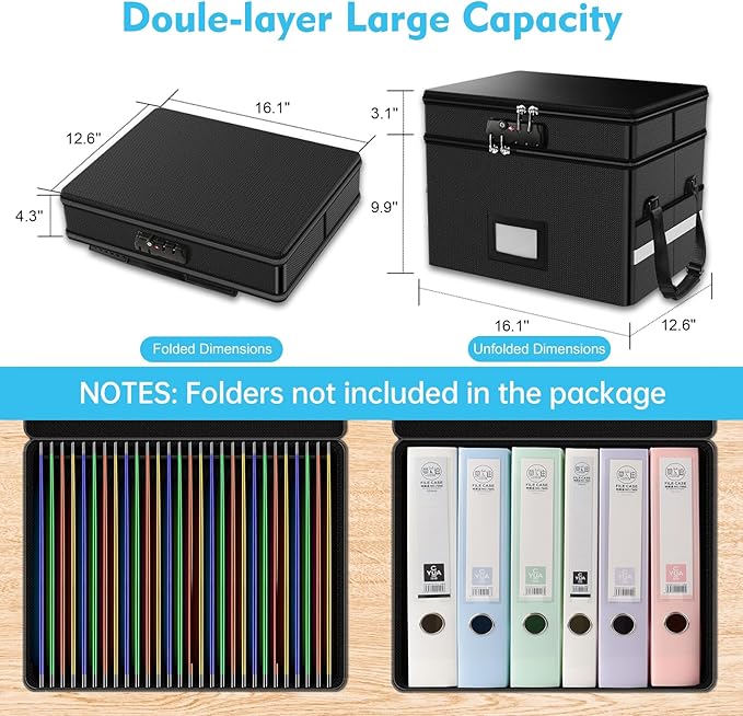 RHM Fireproof Document Box with Lock, 2 Layer Fire Proof File Box for Documents with Handle, Portable Home Office Fire Safe Document Box for Hanging Letter/Legal Folder/Certificate - Image 5