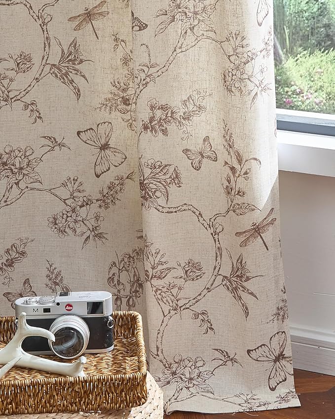 jinchan Floral Linen Curtains for Living Room 84 Inch Length Butterfly Curtain Taupe Floral Curtains French Country Farmhouse Curtain Flower Patterned Drapes Window Treatment Set 2 Panels - Image 5