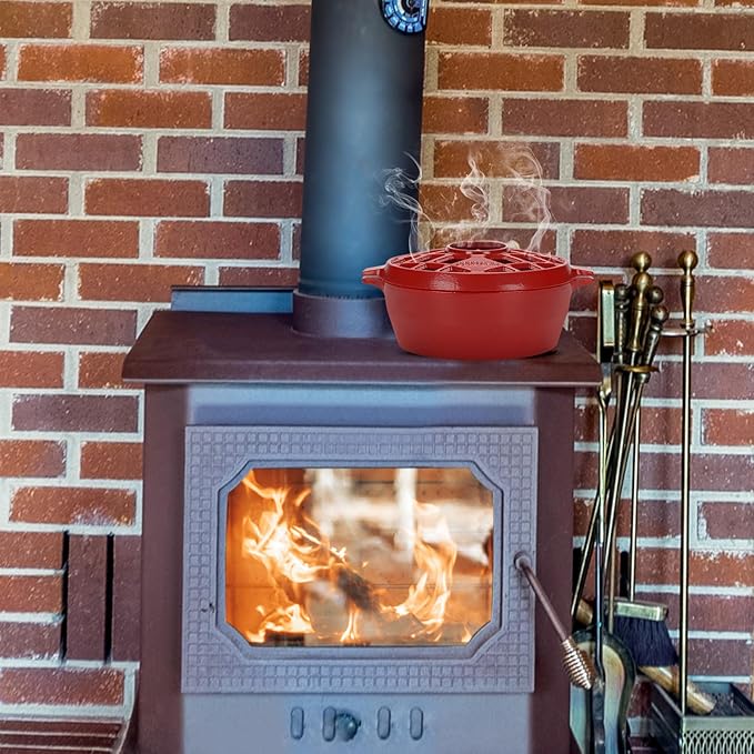 G Good Gain Wood Stove Steamer, Fireplace Humidifier, Cast Iron Humidifier for Stove, Matte Black Finish, Rust Resistant, Lattice Top, 2.5 Quart Capacity, Wood Burning Stove Indoor Decorative. RED - Image 9
