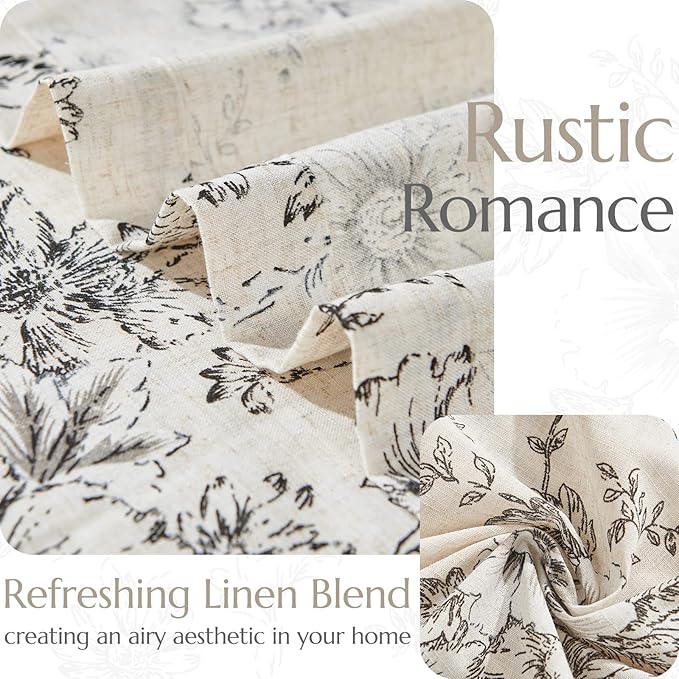 jinchan Linen Floral Curtains 63 Inch Length for Living Room Bedroom Light Filtering Farmhouse Peony Flower Drapes Rustic Window Curtain Set Rod Pocket Back Tab 2 Panels Black - Image 4