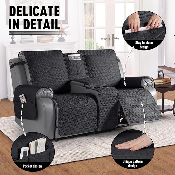 TAOCOCO 100% Waterproof Loveseat Recliner Couch Sofa Covers with Console,Double Reclining Couch Cover Non-Slip Sofa Slipcovers Washable,Furniture Protector Covers for Kids,Pets(2 Seater,Black) - Image 6