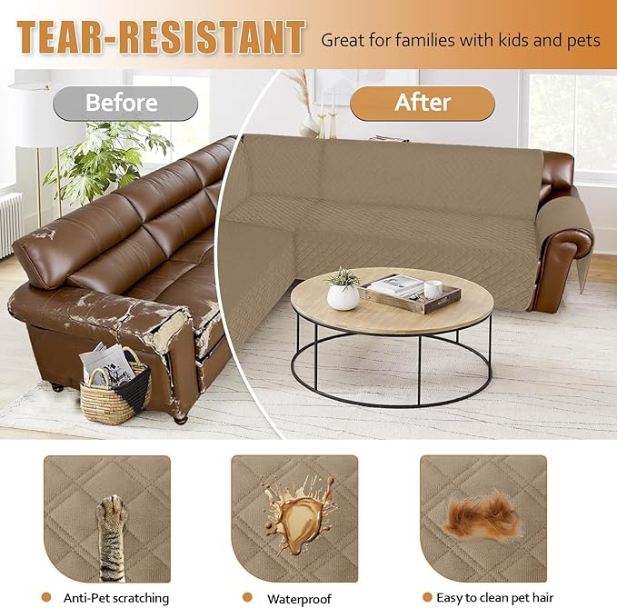 Arfntevss Waterproof Sectional Couch Covers L Shape Washable Velvet Sofa Cover for Sectional Non Slip Corner Slipcovers Dog 6 Pcs Universal U Shaped Furniture Protector (Light Camel, XX-Large) - Image 7