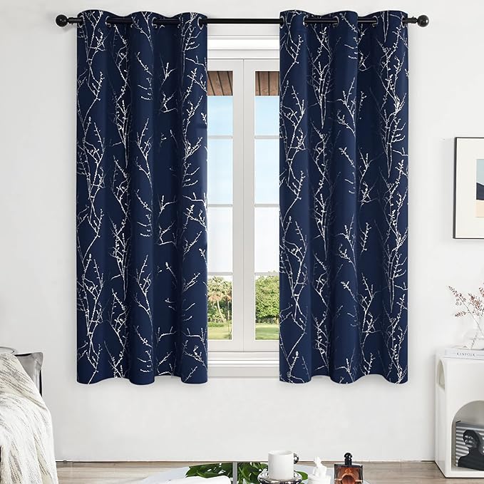 Deconovo Blackout Curtains, Navy Blue Curtain, Thermal Insulated Soundproof Drapes, Branch Silver Print, 42 x 63 Inch Long, Machine Washable Grommet Panels for Bedroom Living Room Office, Set of 2 - Image 2