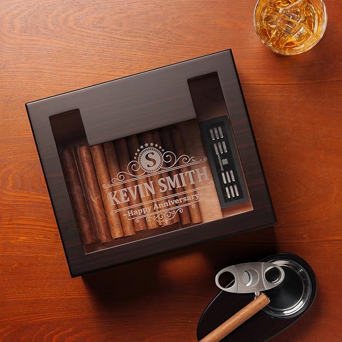 Woodronic Monogrammed Cigar Humidor for 50 Cigars, Custom Cigar Box with Digital Hygrometer, Humidifier, Spanish Cedar Lining and Divider, Cigar Cutter, Ashtray, Accessory Gift for Fathers - Image 3