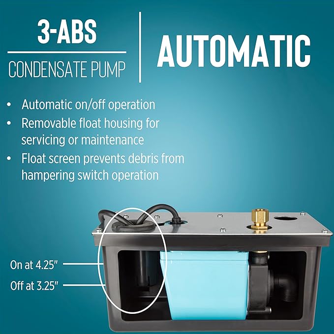 Little Giant 3-ABS 1/12 HP, 115 Volt, 310 GPH Automatic Shallow Pan Condensate Removal Pump with Condensate Collection Tank, Black/Blue, 551320 - Image 5
