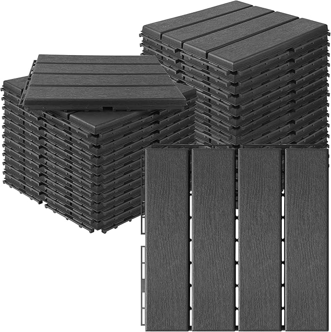MYFAMIREA 27 Pcs Plastic Interlocking Deck Tiles 12" x 12" Patio Floor Decking Tiles Indoor Outdoor Waterproof Non-Slip Flooring Tile All Weather Use for Balcony Backyard Porch Poolside, Dark Grey by MYFAMIREA
