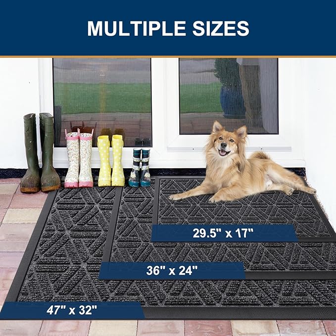 Smiry Front Door Mat Outside Entrance, Heavy Duty Sturdy Natural Rubber Doormat, Trap Dirt and Moisture, Easy Clean Low Profile Mats for Indoor Outdoor Entry, Grid Geometric (71x47, Grey) - Image 2