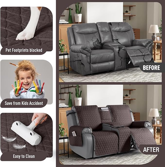 TAOCOCO 100% Waterproof Loveseat Recliner Couch Sofa Covers with Console,Double Reclining Couch Cover Non-Slip Sofa Slipcovers Washable,Furniture Protector Covers for Kids,Pets(2 Seater,Chocolate) - Image 2