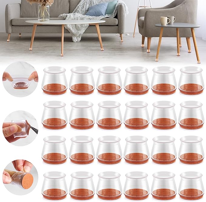 Upgraded Silicone Chair Leg Floor Protectors for Hardwood Floors, Furniture Sliders, Felt Bottom Furniture Pads, Round&Square Cap Covers to Scratch and Reduce Noise, Transparent, 24pcs by Violibar