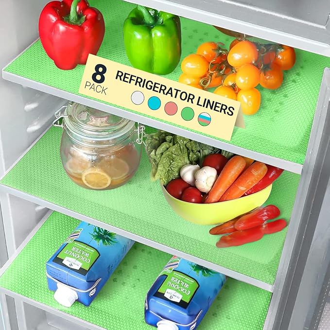 Refrigerator Liners for Shelves (8 Pack) by Linda’s Essentials - Non-Adhesive Shelf or Drawer Liner, BPA-Free Fridge Mats for Kitchen & Cabinets, Easy to Clean, Ideal Household Essentials (Green) by LindasEssentials