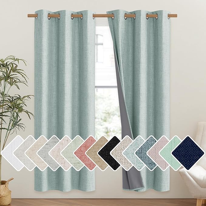 NICETOWN 100% Absolutely Blackout Linen Curtains with Thermal Insulated Liner, Seafoam Green, 42" Wide, 72" Length Energy Saving Curtains for Classroom 2 Panels Set, Vertical Blinds by NICETOWN