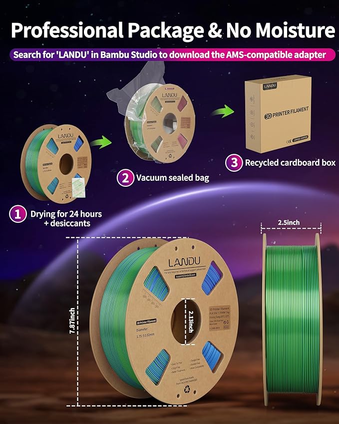 LANDU Silk Tri-Color PLA Filament 1.75mm 1Kg,Triple Color Silk PLA Filament, Silk Rainbow PLA Filament,Neatly Wound 3D Printer Filament,3 in 1 Multi Color Filament +/-0.02mm, Silk Rose Blue Green - Image 6