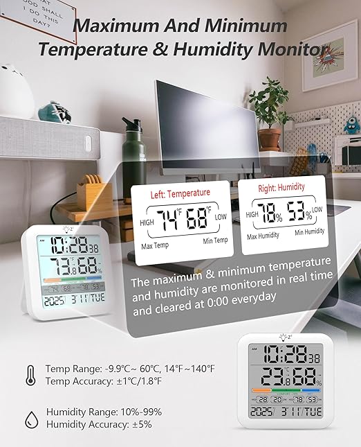 Mini Digital Indoor Thermometer Hygrometer Clock, Room Temperature Humidity Monitor with Calibration, Backlight, Air Comfort Indicator, 24H Max Min Record, Time, Alarm for Home, School - Image 4