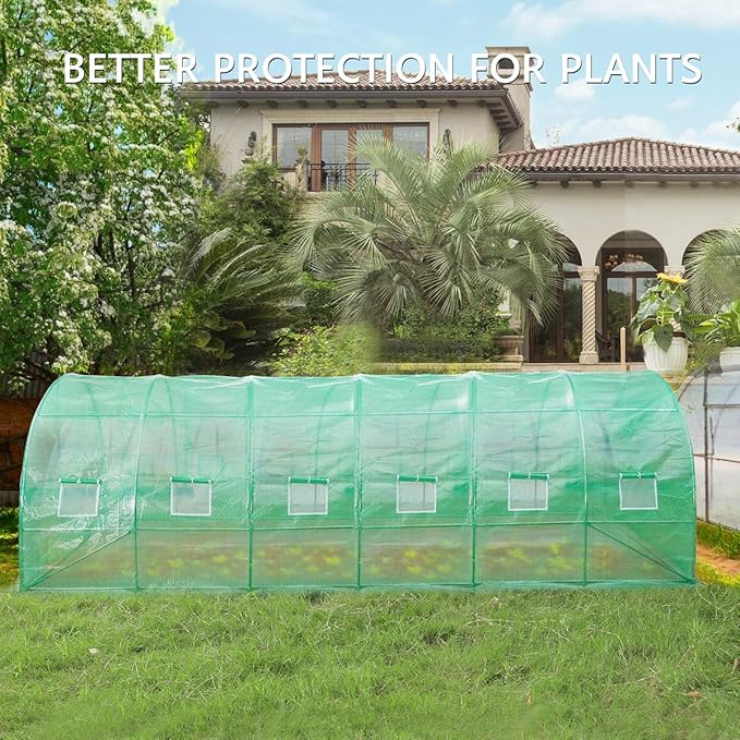VIVOSUN 20x10x7 Ft. Large Walk in Greenhouse, Greenhouse Tunnel, Garden Plant Hot House with Green PE Cover, Roll-up Zipper Door and Window for Outdoor - Image 2