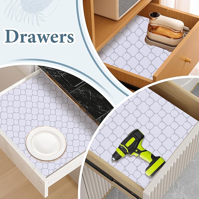 Shelf Drawer Liners for Kitchen Cabinets Non Adhesive Drawer Liner Thickened Refrigerator Liner Silver Quatrefoil Strong Non-Slip Paper for Tool Box with Knife and Tape Measure,11.8 x 236.2 Inches - Image 4