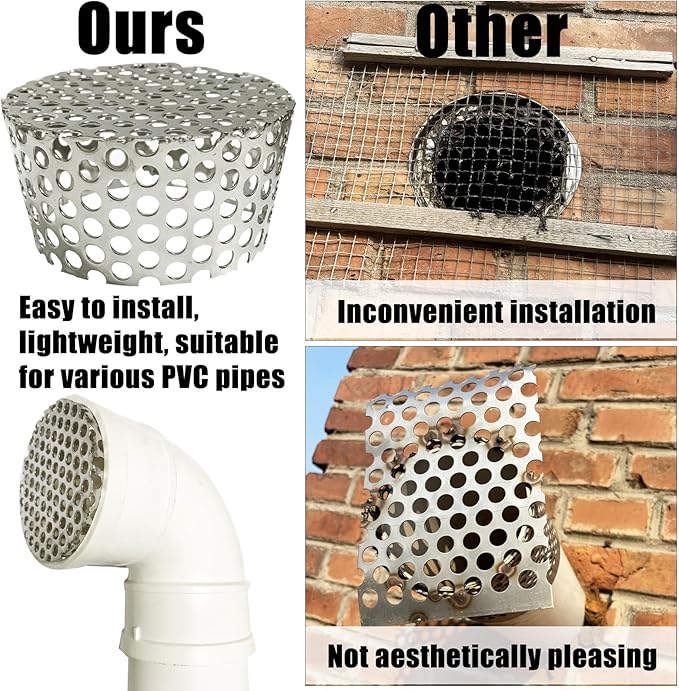 PVC Termination Mesh Vent Cover - 2Pack, Furnace&Roof Vent Cap, OD 2.4 to 2.98in Multihole Mesh for 2.5 to 2.98in ID Pipe, Stainless Steel Conical PVC Cap, Used for Keep Birds and Leaves Debris Out - Image 4