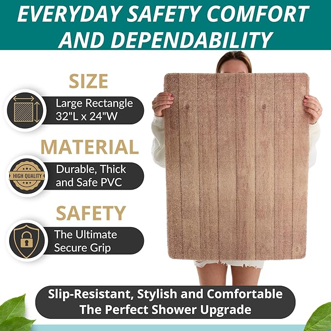 Enkosi Loofah Non-Slip Shower Mat - Shower Floors, Bathtub, Bathrooms, Wet Areas - Cushioned Bath Mat with Drain Holes - Quick Dry PVC, Secure Safety Pad Without Suction Cups (32x24 Teak Wood) - Image 3
