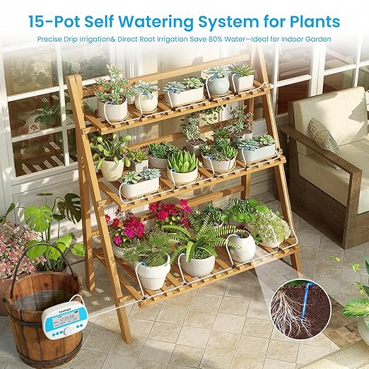 Sainlogic Smart Automatic Plant Waterer for 15 Potted Plants, Self Watering System with Deep Root Irrigation, Humidity Monitor Display, IP64 Programmable Timer for Travel, Vacation, Indoor Garden - Image 3