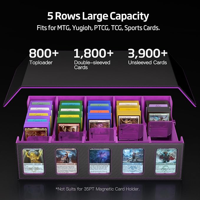 Trading Card Storage Box 5-Row 3900+ Capacity,TCG MTG Card Case with Magnetic Lid & Commander Display,Top Loader Storage for Sports Cards,Includes Dividers Dice Box（Black Purple） - Image 3